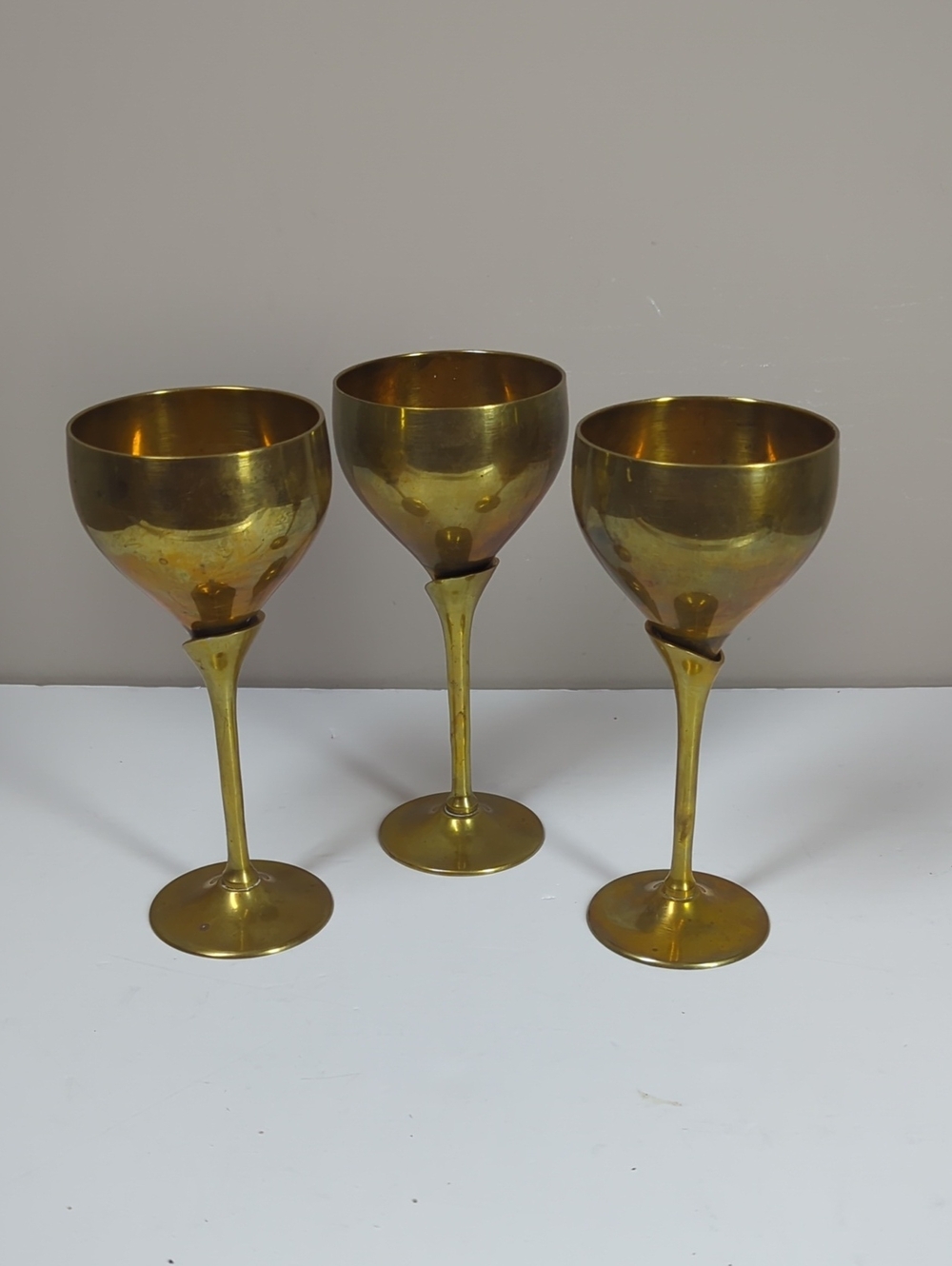 Vintage E P. Brass Stamped Stemmed Wine Glasses - Set of 3